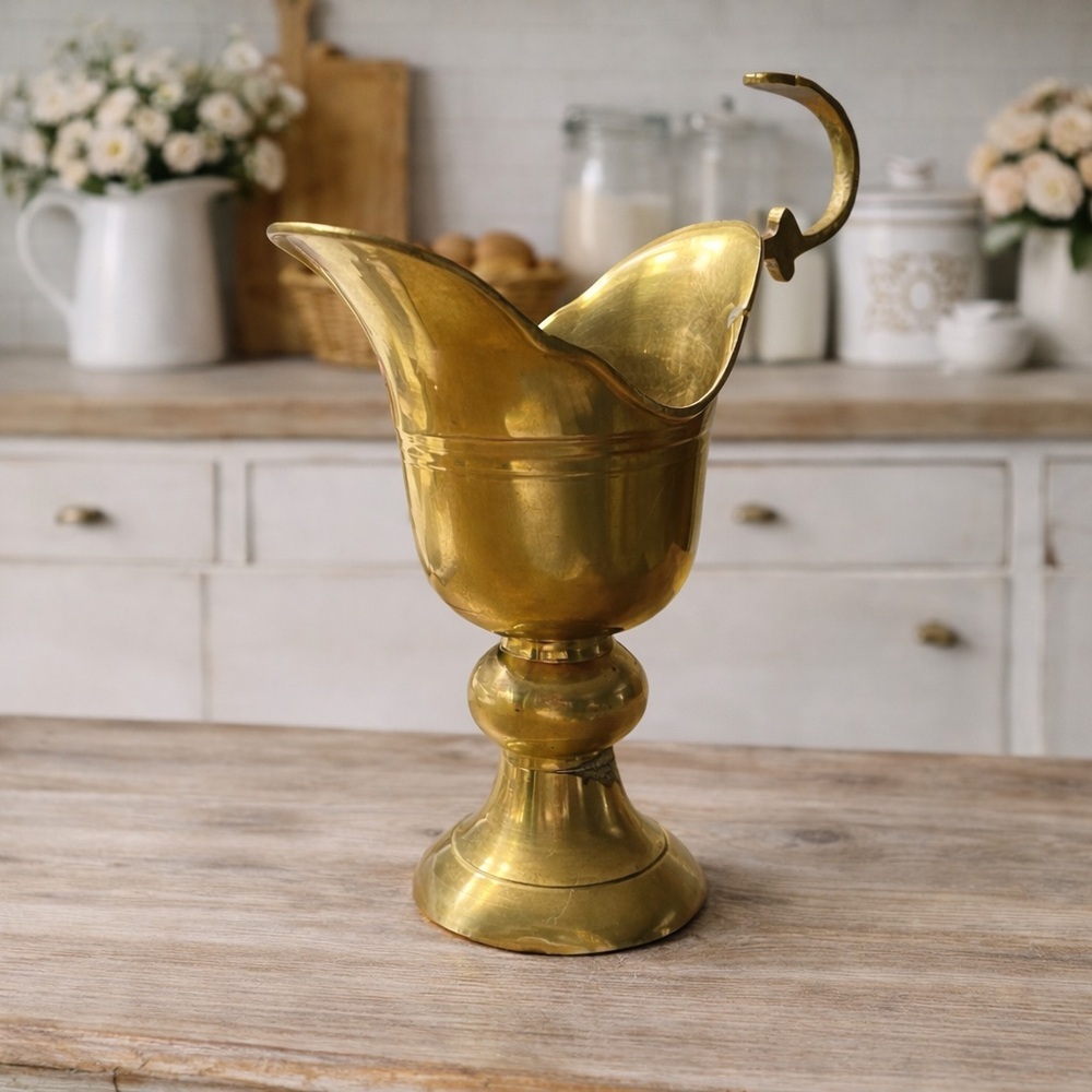 Vtg Brass Pedestal Pitcher Hook Handle Ewer Patina Shabby Chic MCM Farmhouse 6"